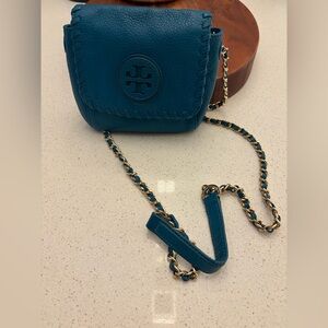 Tory Burch Teal Blue Crossbody Bag with Gold Chain Strap